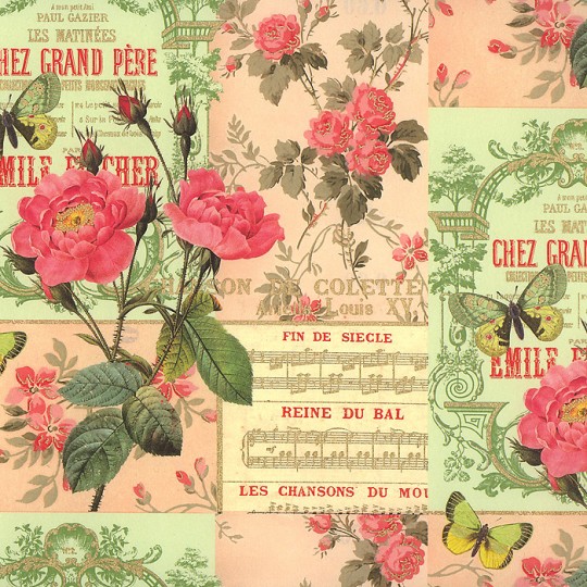 Green and Pink Rose Collage Print Paper ~ Rossi Italy